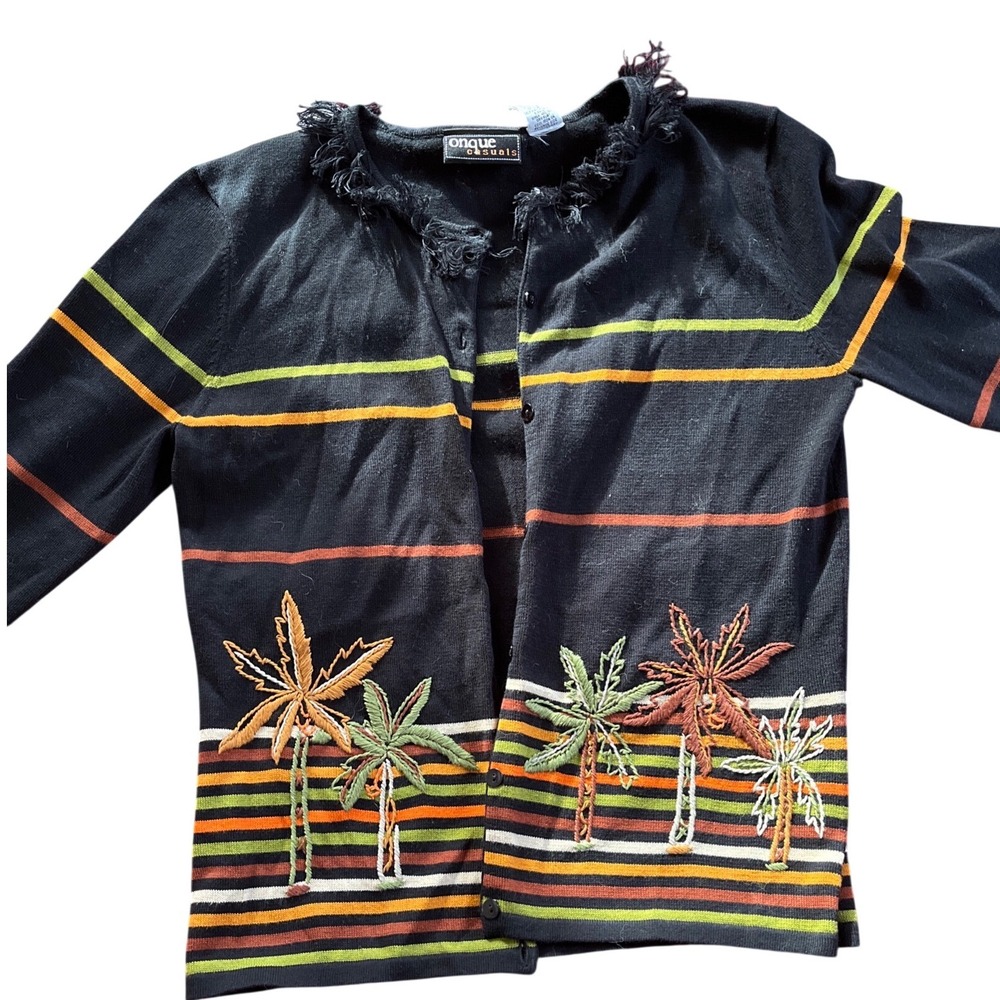 Onque Casuals Bora Bora Palm Tree Striped Fringe Cardigan Black Small 40941
